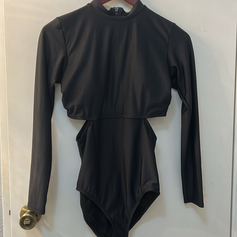 AQUA TECH Black Long Sleeve Zip-Up Swim Bodysuit, Sz S
